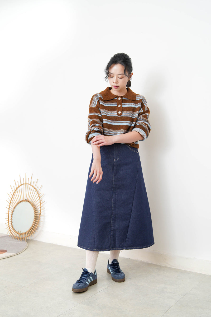 Brown contrast stripes pattern rugby knit top