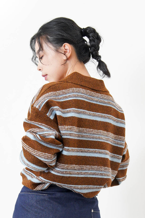 Brown contrast stripes pattern rugby knit top