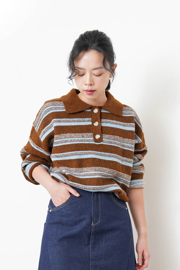 Brown contrast stripes pattern rugby knit top
