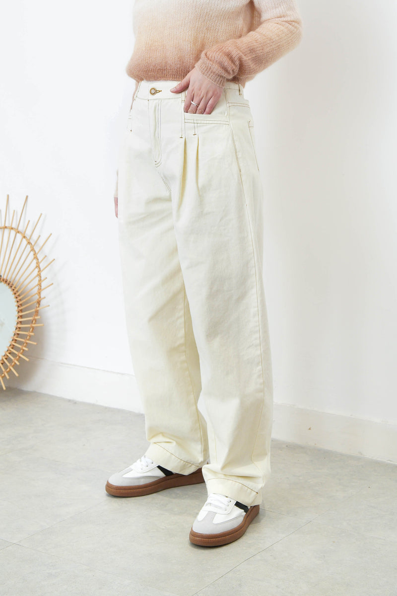 Ivory straight cut outlined trousers