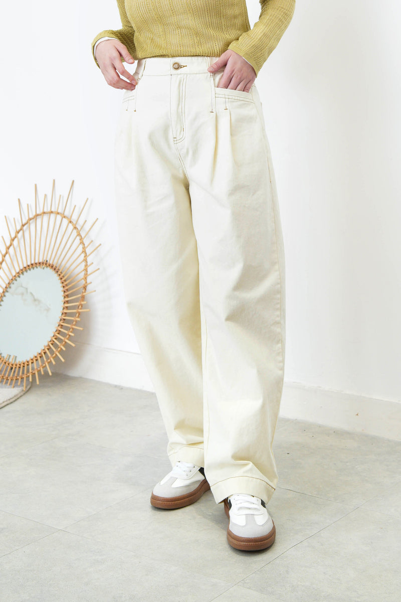 Ivory straight cut outlined trousers