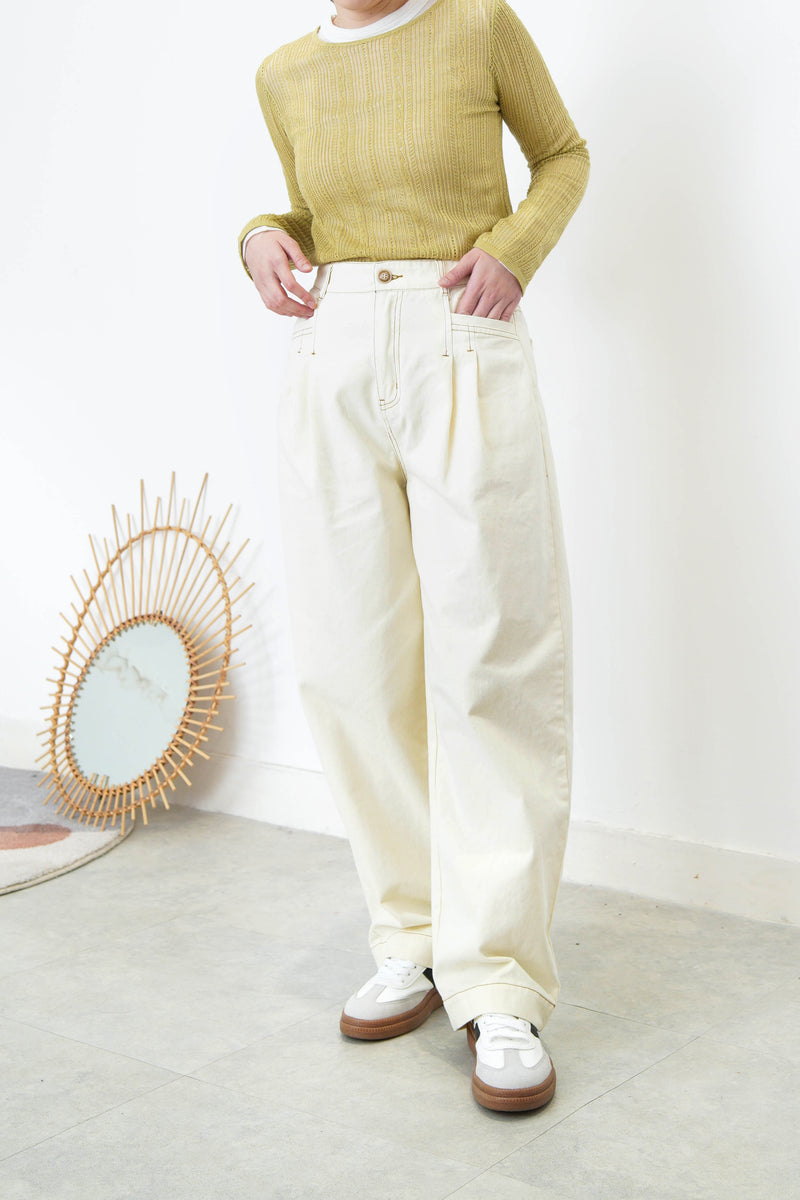Ivory straight cut outlined trousers