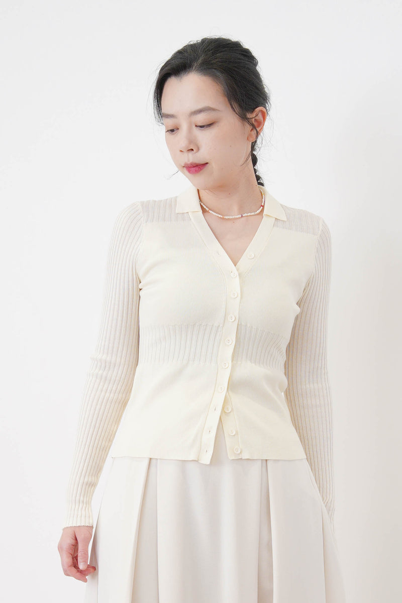 Ivory v neck cardigan in sheer stripes details