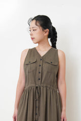 Dark green cut in shoulder dress w/ waist string