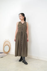 Dark green cut in shoulder dress w/ waist string