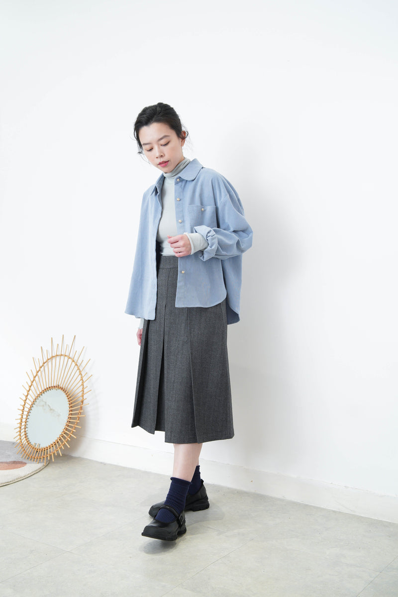 Blue corduroy shirt in round collar