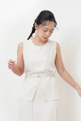 Ivory open hem linen vest w/ outline stitching
