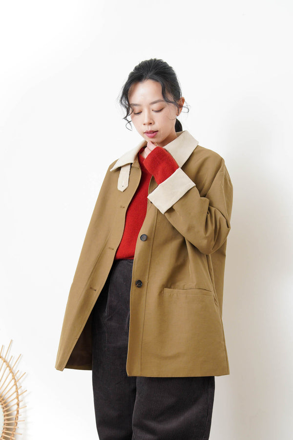 Trench coat w/ corduroy patchwork details