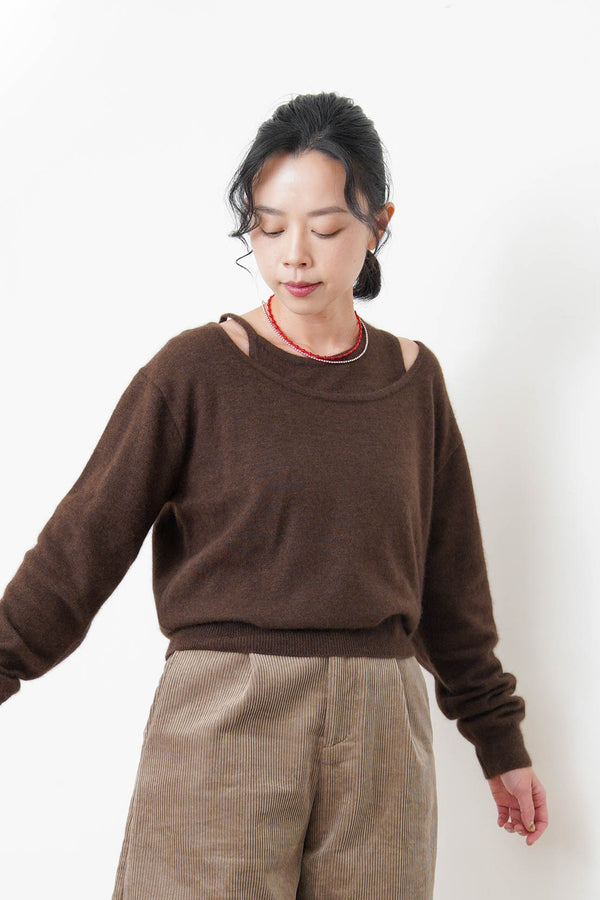 Brown asymmetric premium wool sweater in set