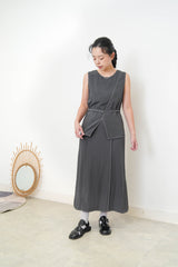 Charcoal open hem linen vest w/ outline stitching