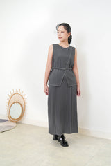 Charcoal open hem linen vest w/ outline stitching