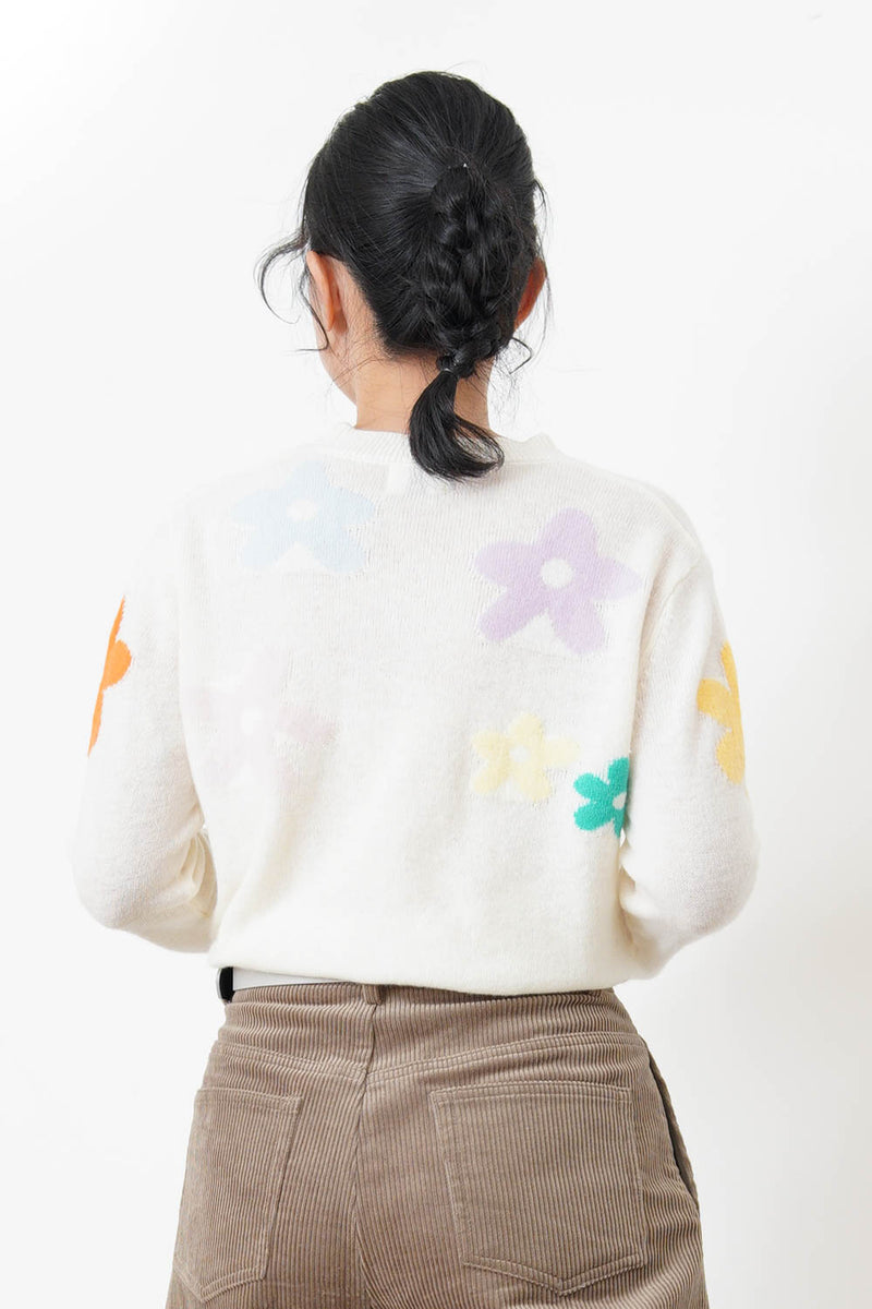 white knit top with floral pattern