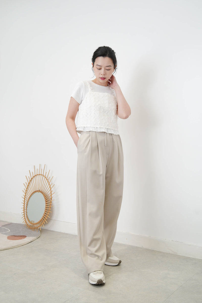 Light beige wide leg trousers w/ strings and buttons