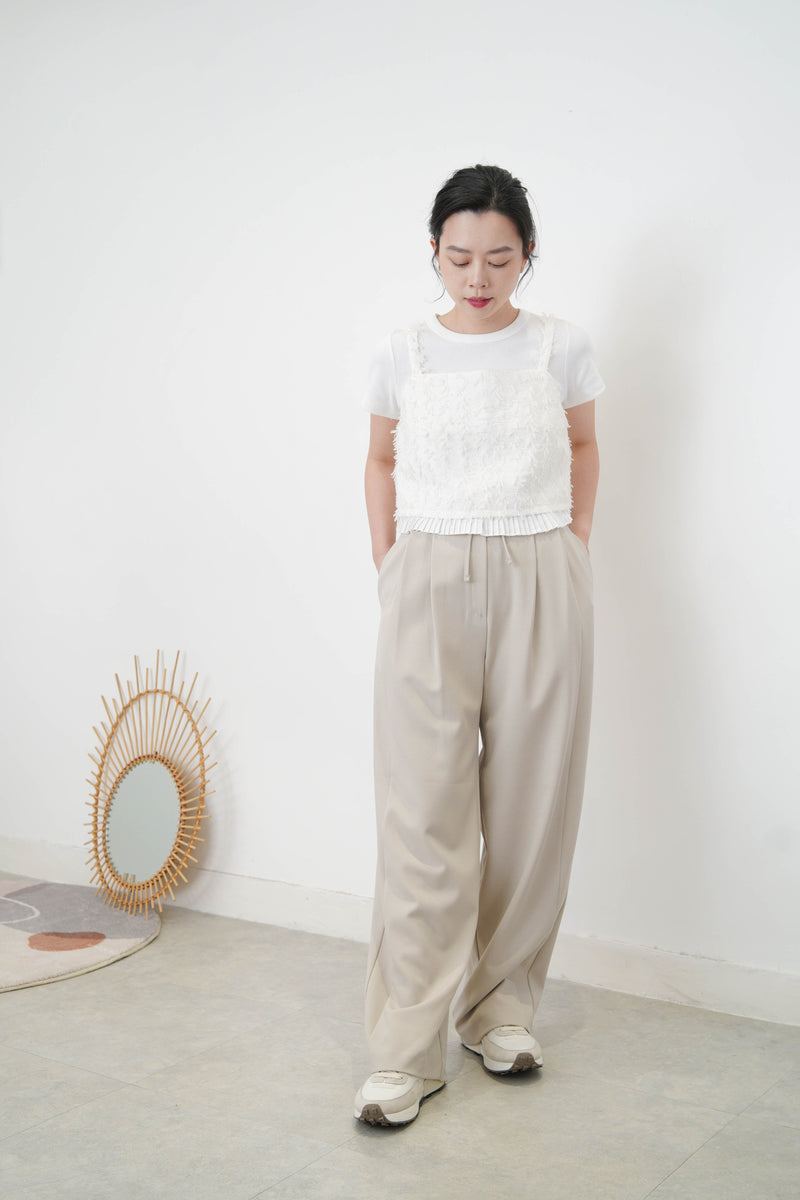 Light beige wide leg trousers w/ strings and buttons