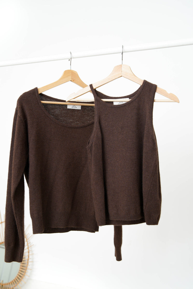 Brown asymmetric premium wool sweater in set