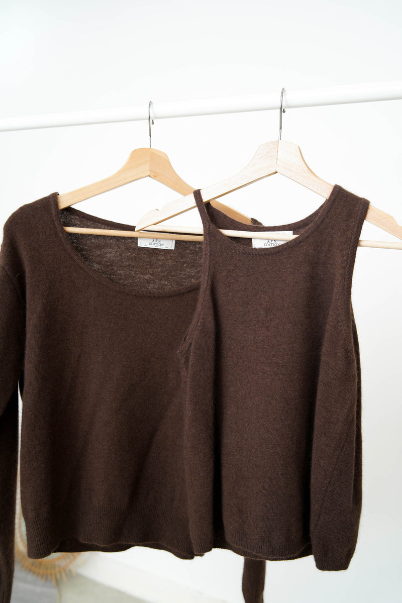 Brown asymmetric premium wool sweater in set