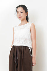 White crochet vest w/ tie string hem