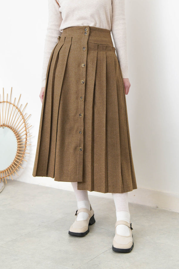 Brown 2 ways wool pleats skirt with buttons