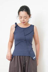 Navy stripes asymmetric vest w/ tie knot shoulder