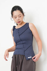 Navy stripes asymmetric vest w/ tie knot shoulder