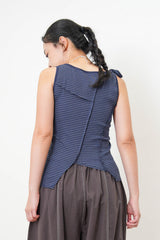 Navy stripes asymmetric vest w/ tie knot shoulder
