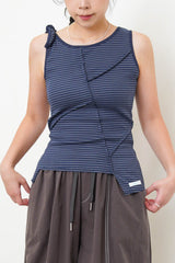 Navy stripes asymmetric vest w/ tie knot shoulder