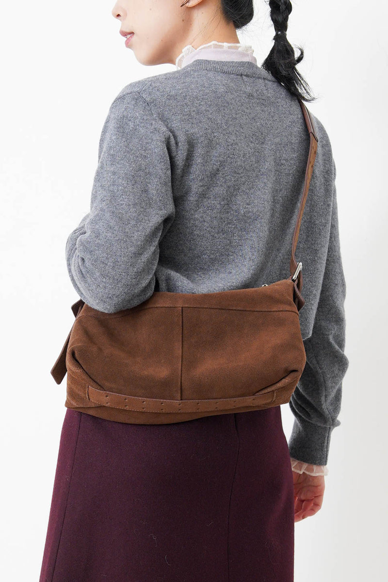 Brown suede leather pillow bag w/ adjustable straps