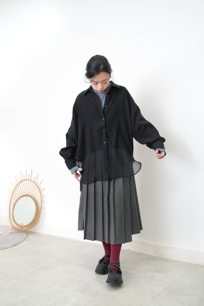 Black chiffon shirt w/ sheer long hem
