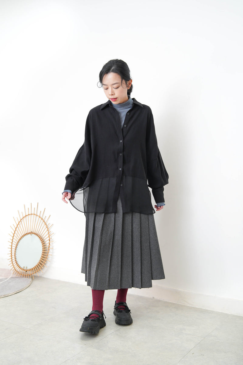 Black chiffon shirt w/ sheer long hem