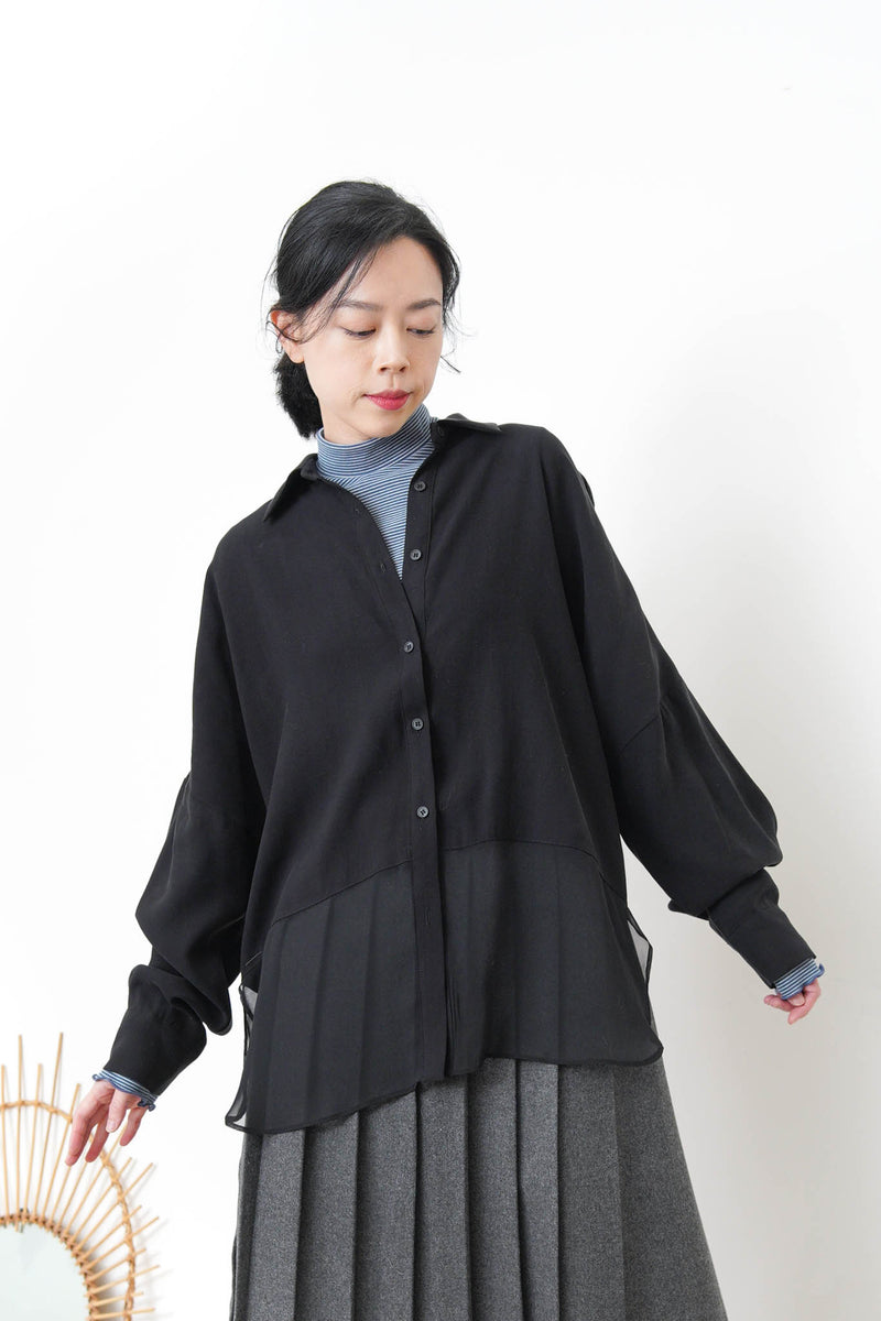 Black chiffon shirt w/ sheer long hem