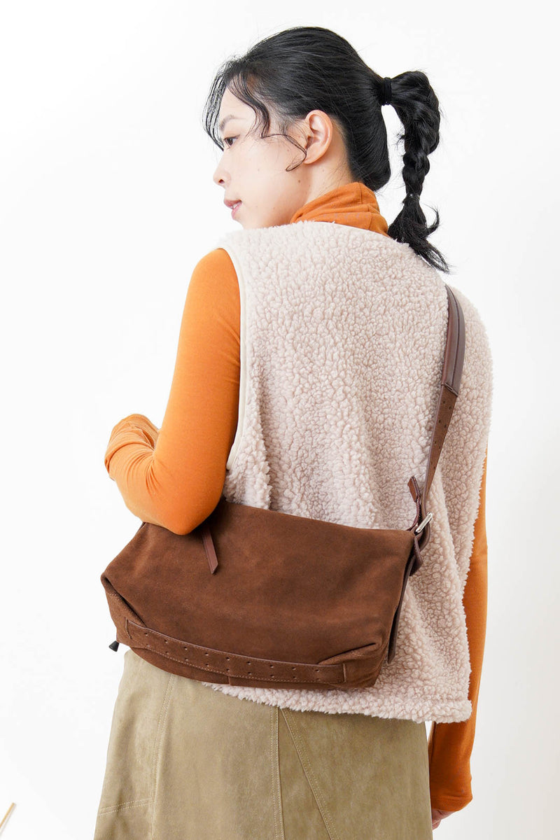 Brown suede leather pillow bag w/ adjustable straps