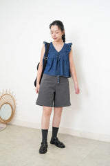 Navy blue denim vest w/ ruffle shoulders