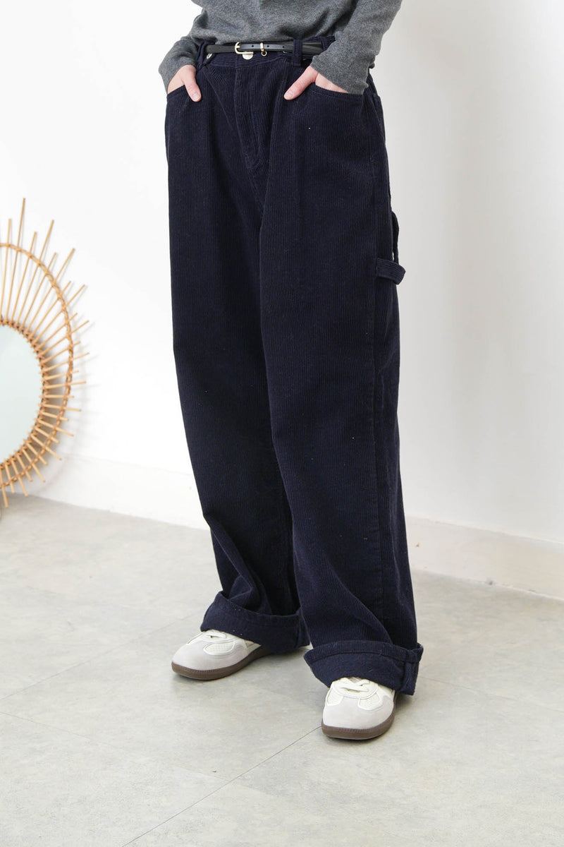 Navy corduroy trousers in loose cut