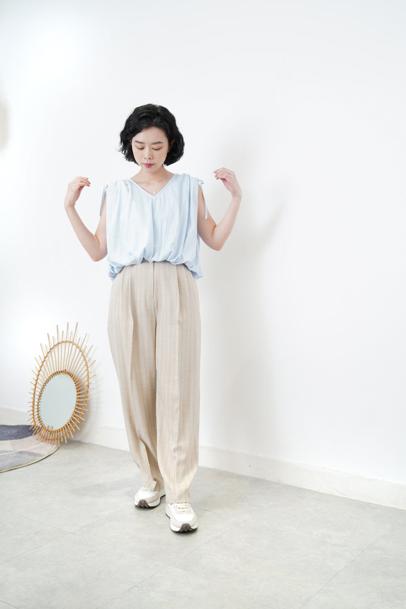 Beige tone stripes high waist trousers