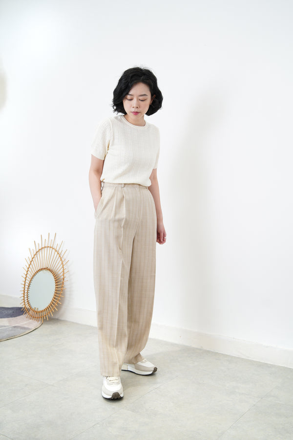 Beige tone stripes high waist trousers