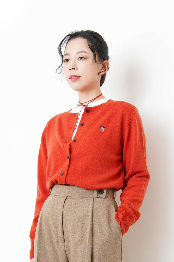 Orange red soft cardigan w/ embroidery