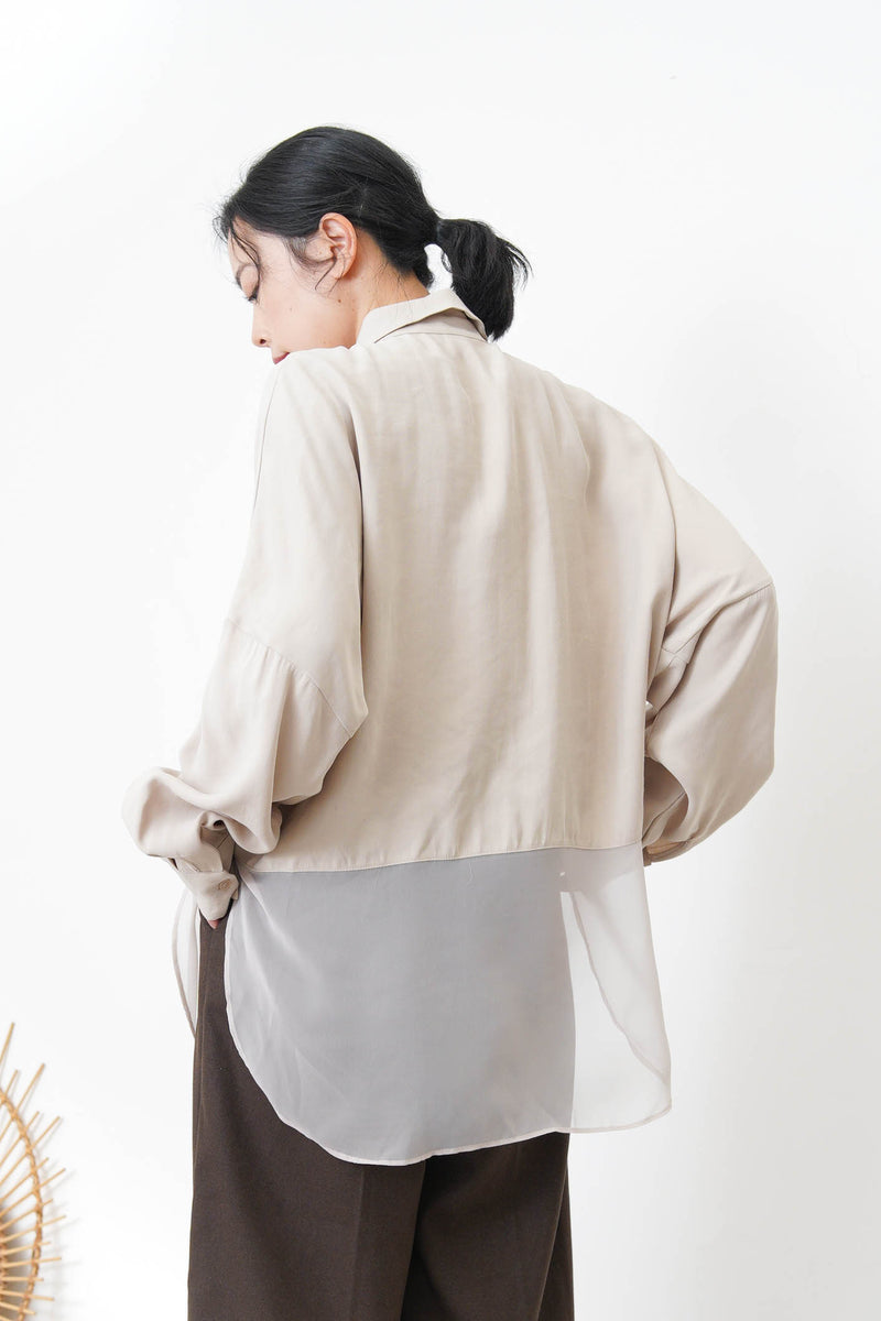 Beige chiffon shirt w/ sheer long hem
