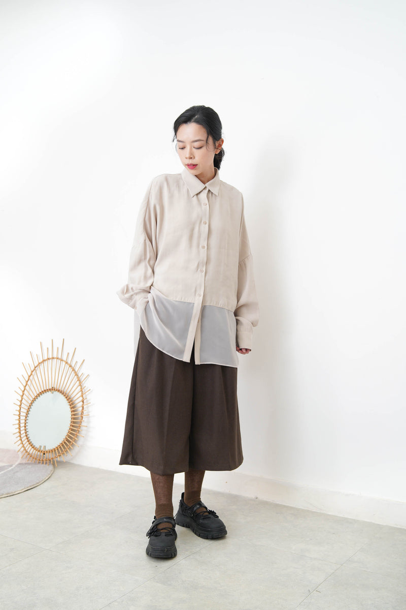 Beige chiffon shirt w/ sheer long hem