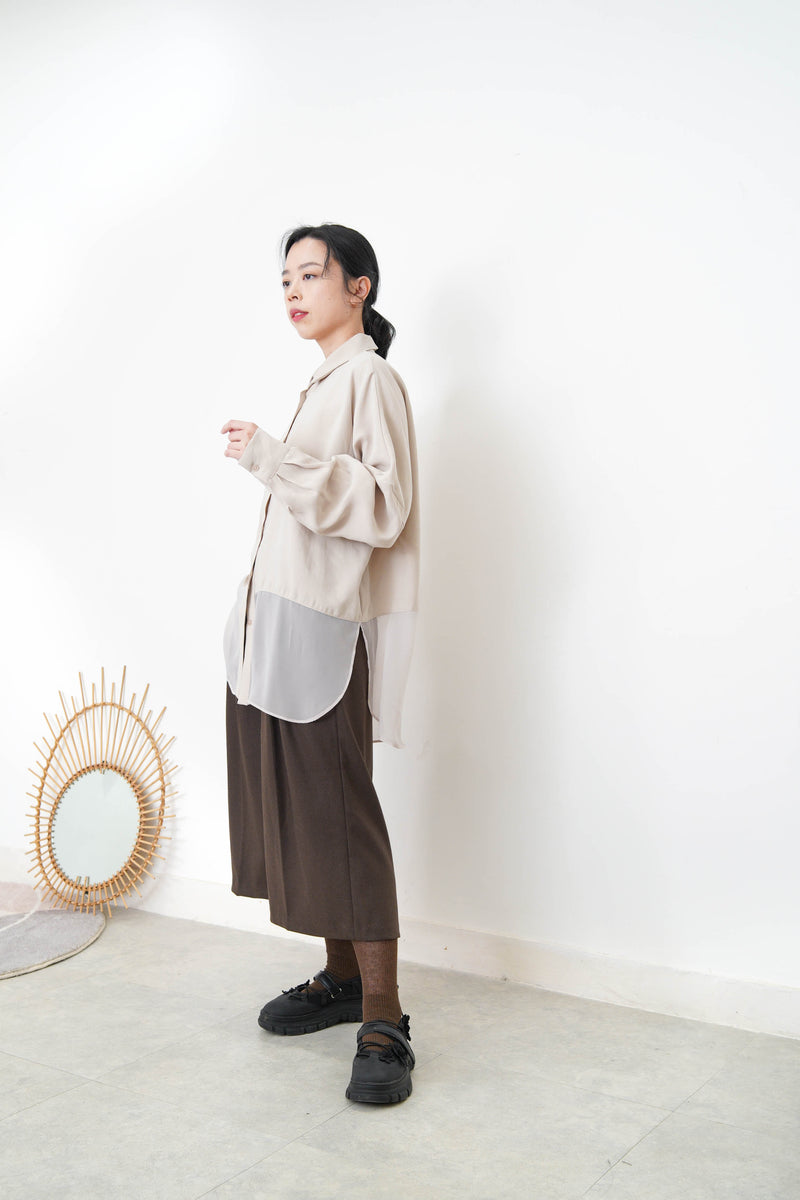 Beige chiffon shirt w/ sheer long hem