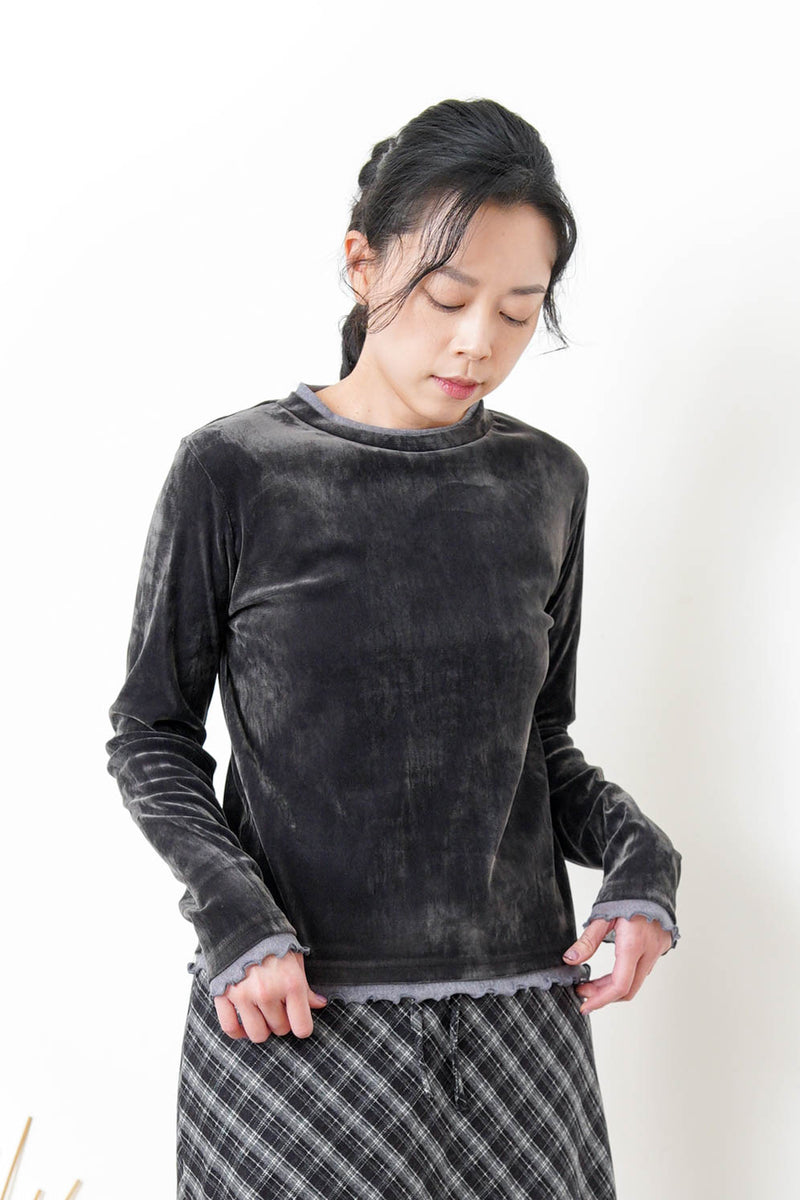 Dark grey velvet top w/ conrast ruffle fringe