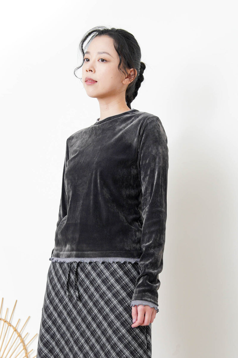 Dark grey velvet top w/ conrast ruffle fringe