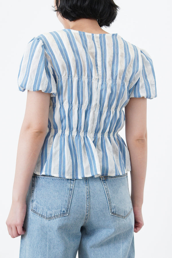 Blue stripes balloon sleeves blouse