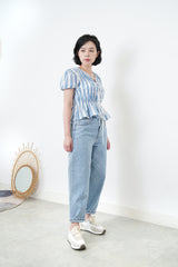 Blue stripes balloon sleeves blouse