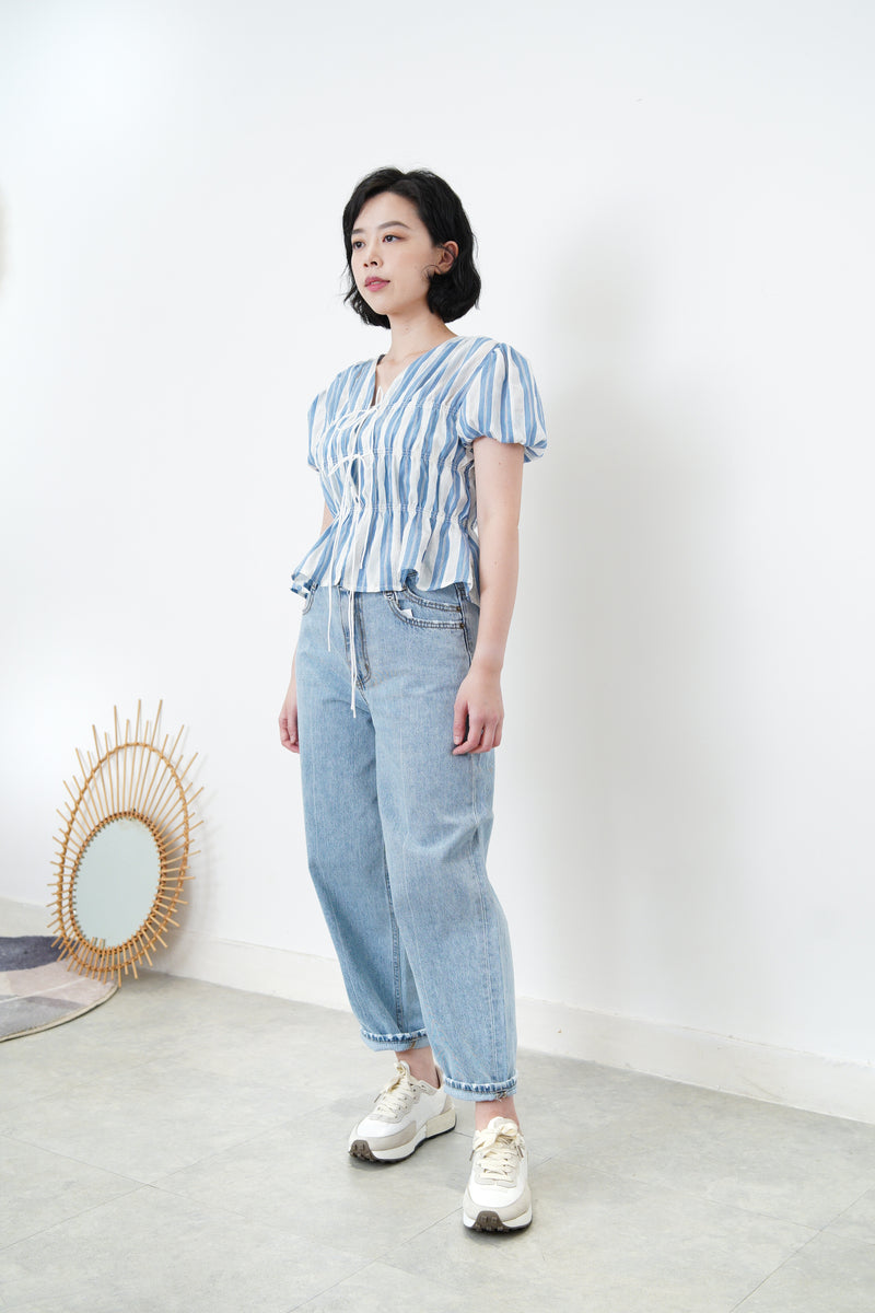 Blue stripes balloon sleeves blouse