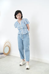 Blue stripes balloon sleeves blouse