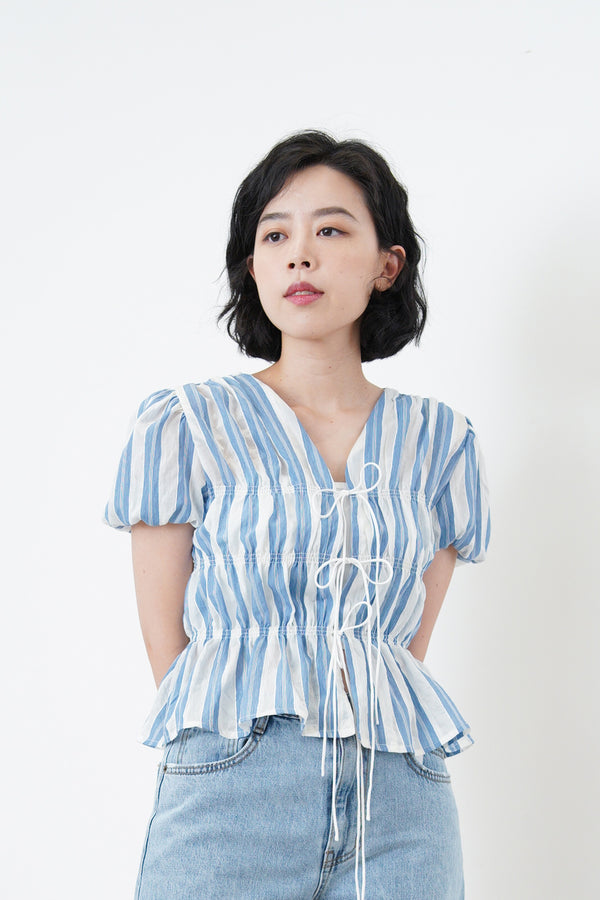 Blue stripes balloon sleeves blouse