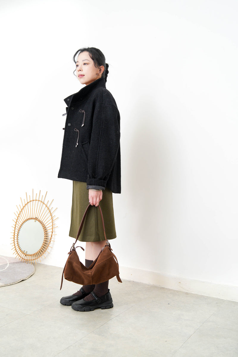 Brown suede leather pillow bag w/ adjustable straps