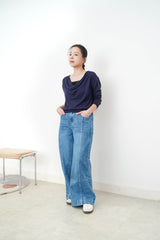 Navy silk soft loose collar top