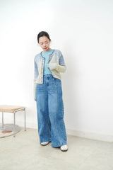 Blue wool yarn cardigan in gradient color