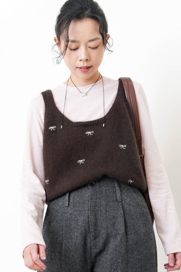 Brown knit cami in ribbon embroidery